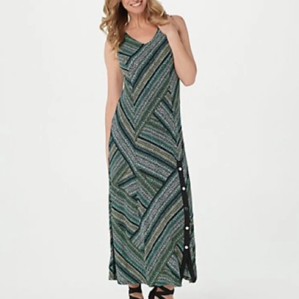 Susan Graver Printed Liquid Knit Maxi Dress ~ Black/Teal - Picture 8 of 8